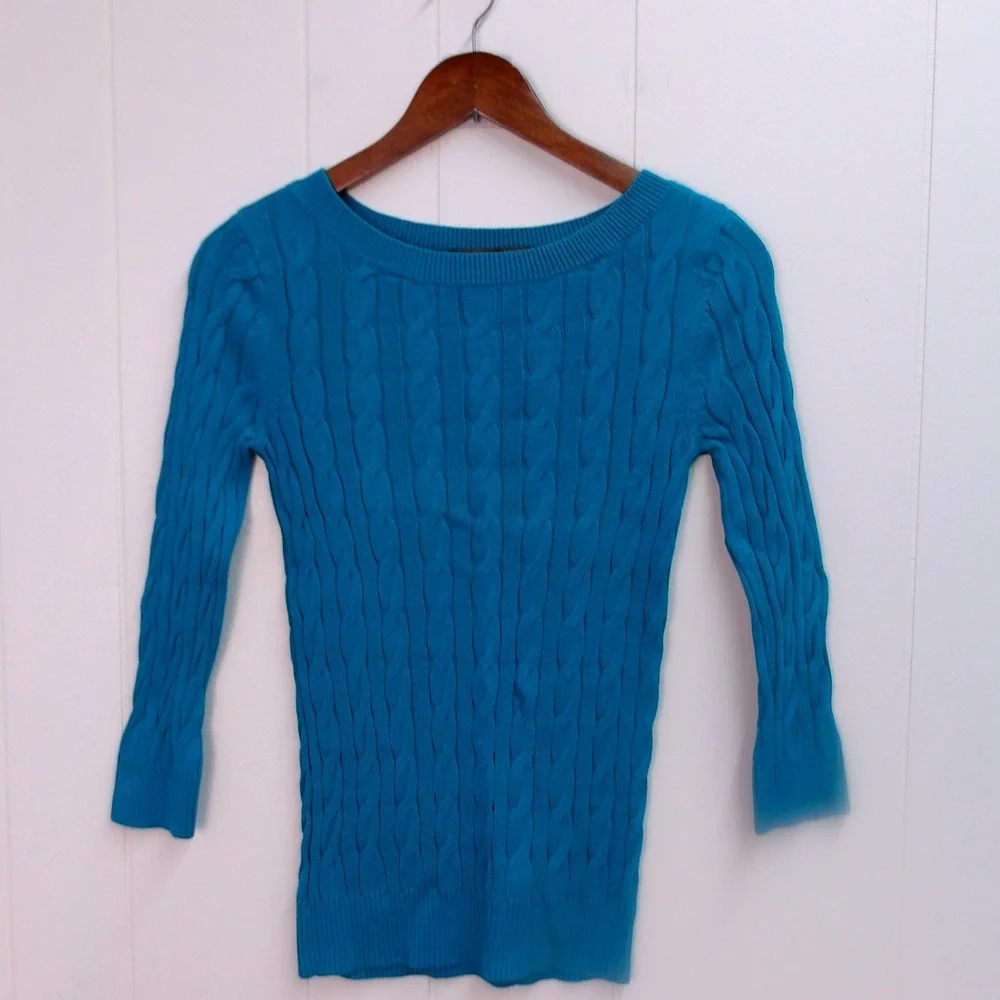 Ann Taylor Loft Teal Cable Knit V‎ Neck Sweater Women's XS / #1216